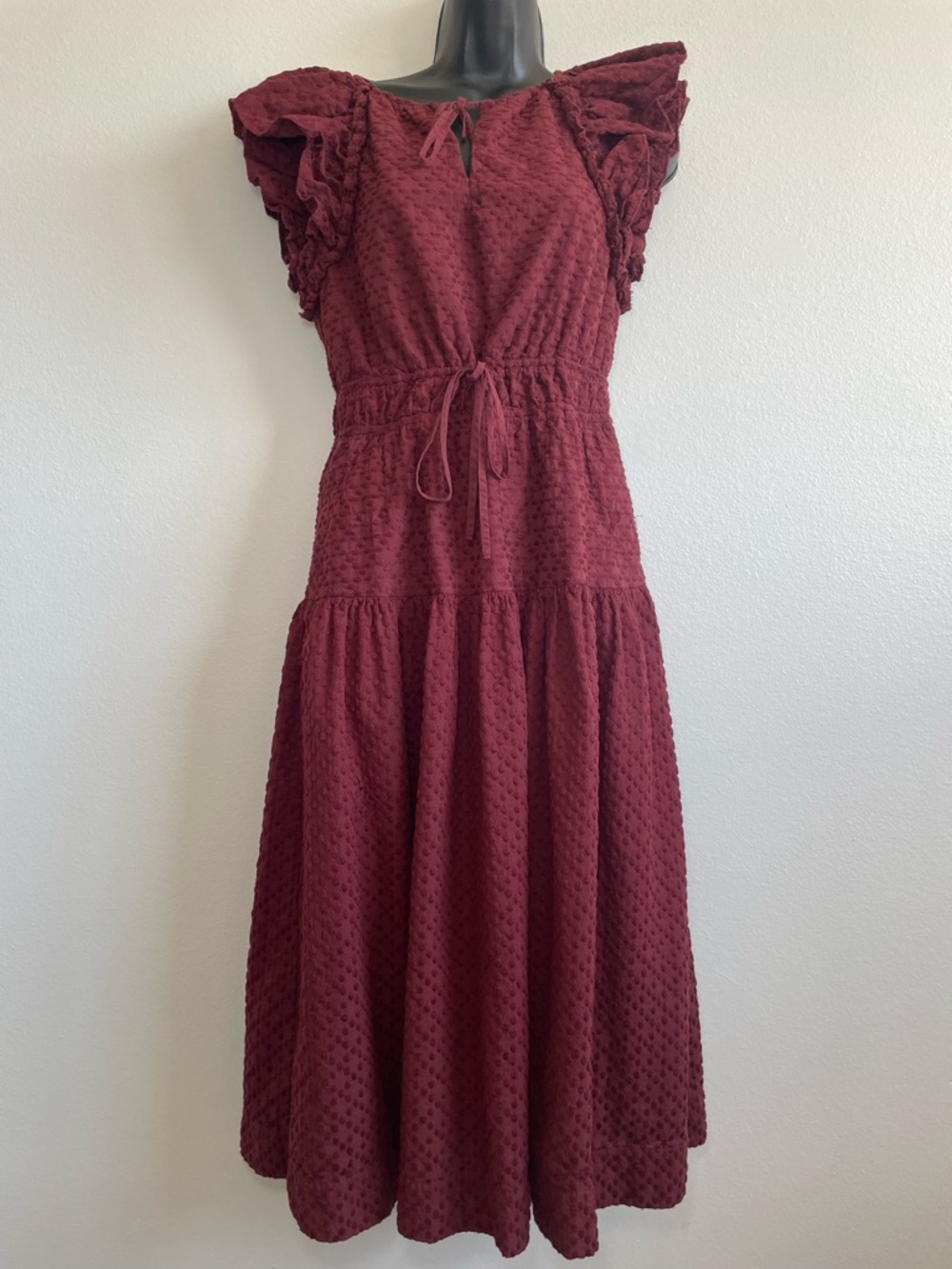 Chelsea & Violet Burgundy Swiss Dot Ruffle Midi Dress Size L (RUNS SMALL) - Picture 2 of 14